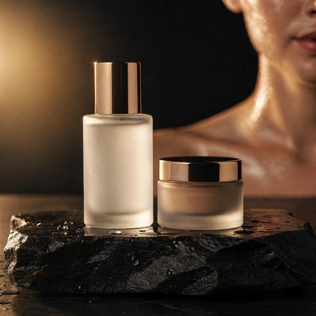 Frosted glass skincare bottle and jar on wet stone
