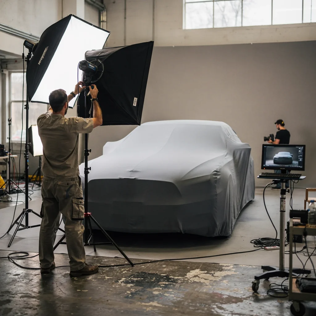 A covered car in a photography studio with lighting technician