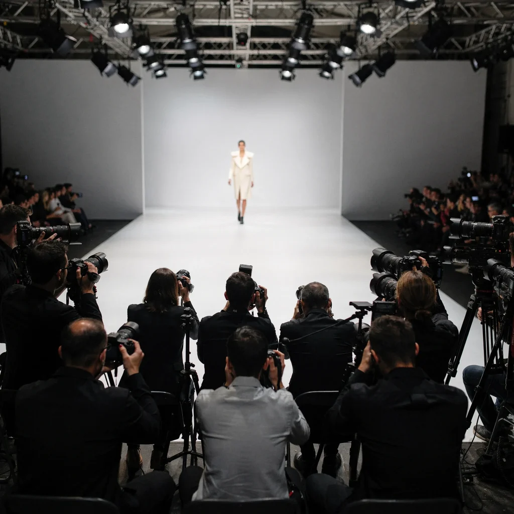 A fashion-week runway seen from the photographers pit